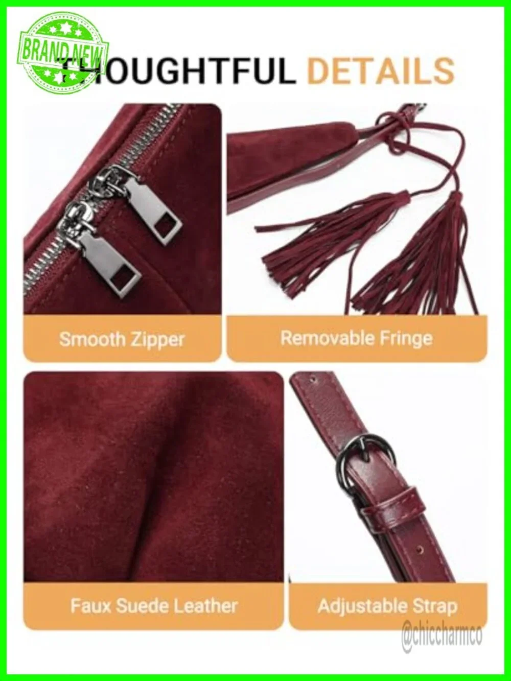 Faux Suede Tassel Hobo Shoulder Crossbody Purse with Adjustable Strap